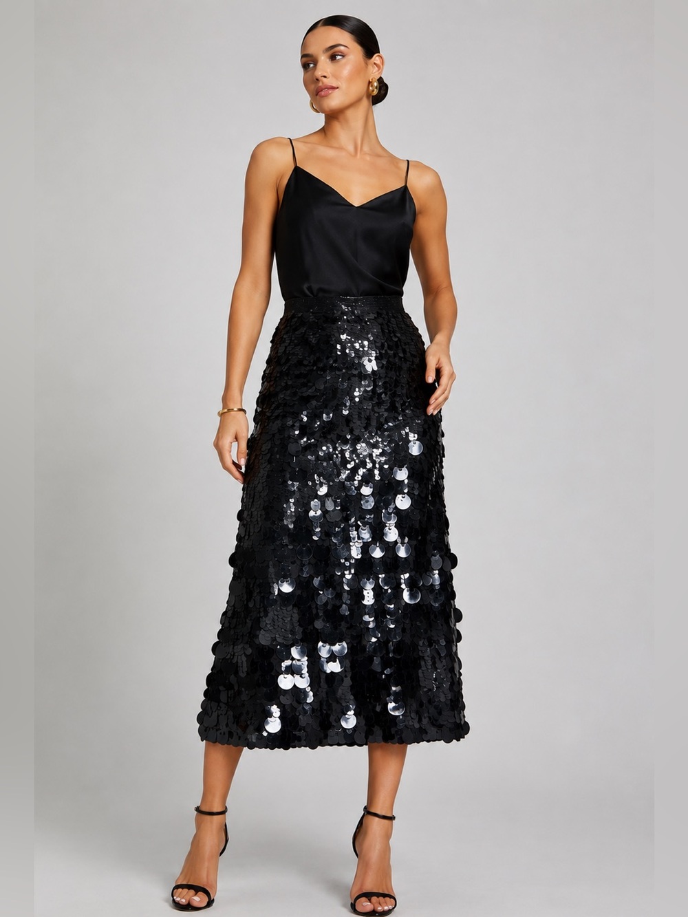 NWT Mac Duggal Paillette Black Disc Sequin Midi Maxi  Skirt Size 8